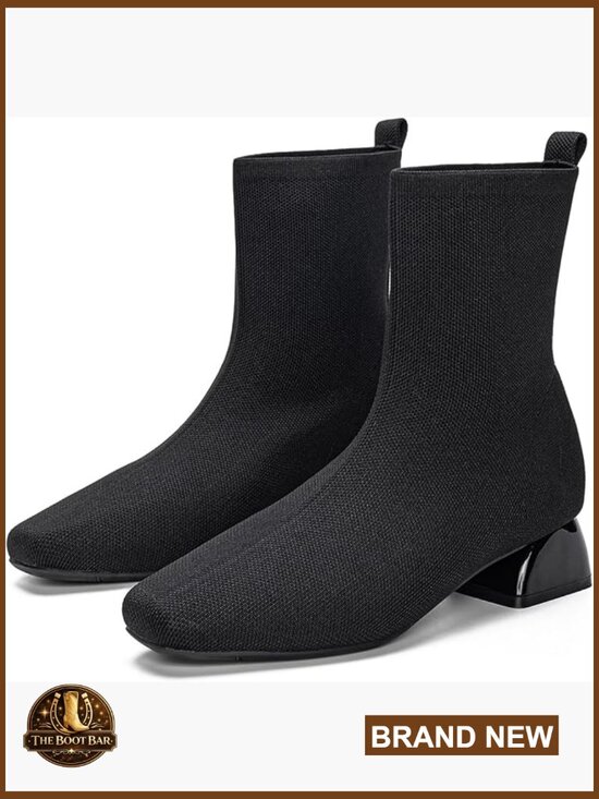 Shoes - Low Heel Ankle Booties - Square Toe Chunky Knit Slip On Winter Boots